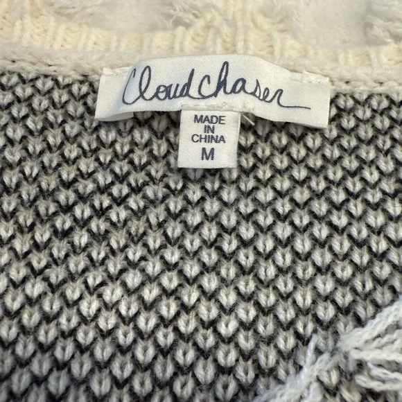 Cloud Chaser leopard print boho sweater cream black gray fringe frayed hems Med - Picture 3 of 10